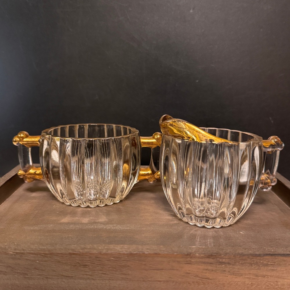 Vintage Jeannette Glass Creamer and Sugar Bowl Set Gold Trim Handles "National"